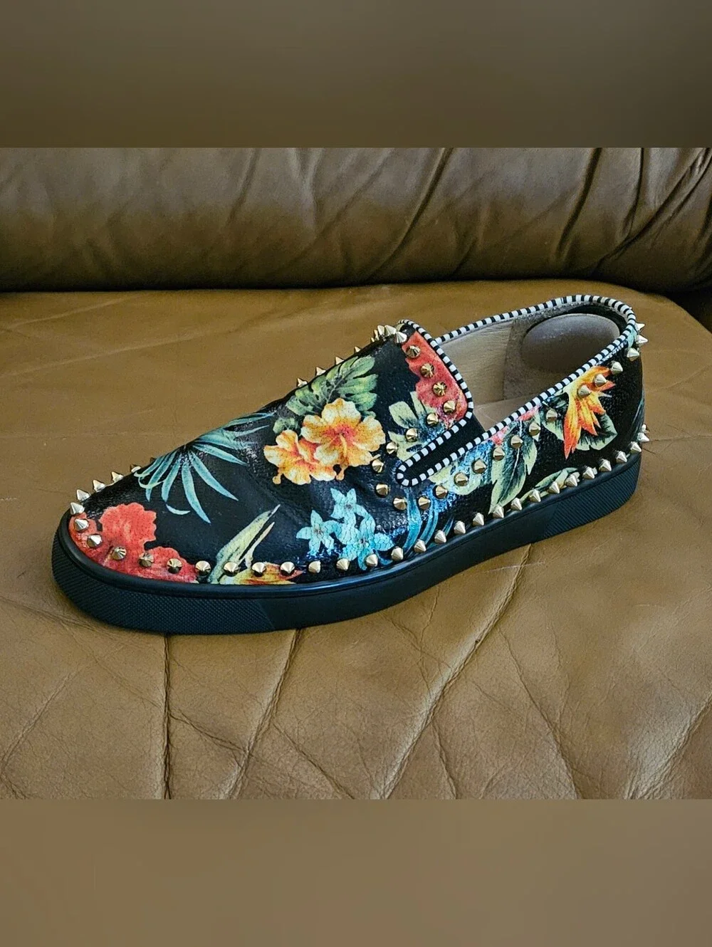Men's Christian Louboutin Floral Spike-Studded Slip-On Loafers Size 11 US